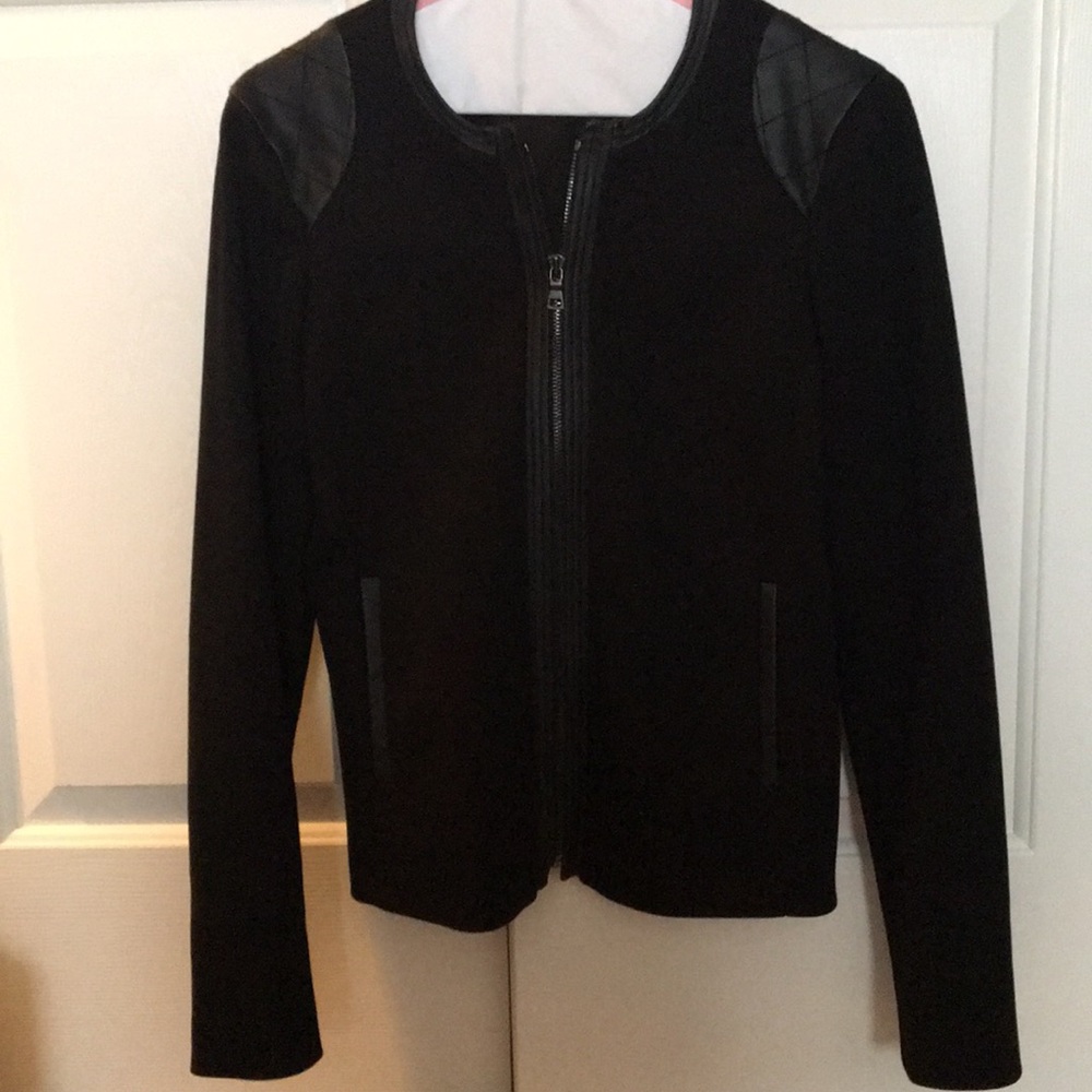 Zip-front jacket with leather embellishment